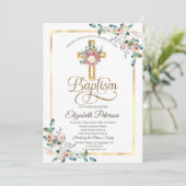 Cross Floral Roos Lijst Baptisme Kaart (Staand voorkant)