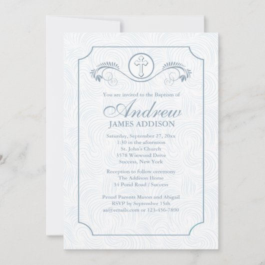 Cross Focus Blauw Religieuze Uitnodiging (Voorkant)