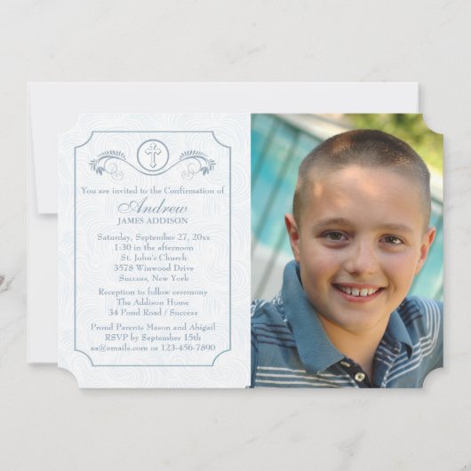 Cross Focus Blue Photo Religitation Uitnodiging (Voorkant)