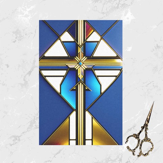 Cross Gold Blue Glas in lood Illustratie Tissuepapier