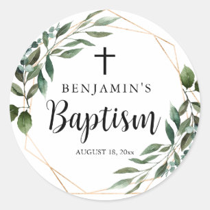 Cross Greenery Gold Baptism Classic Round Sticker