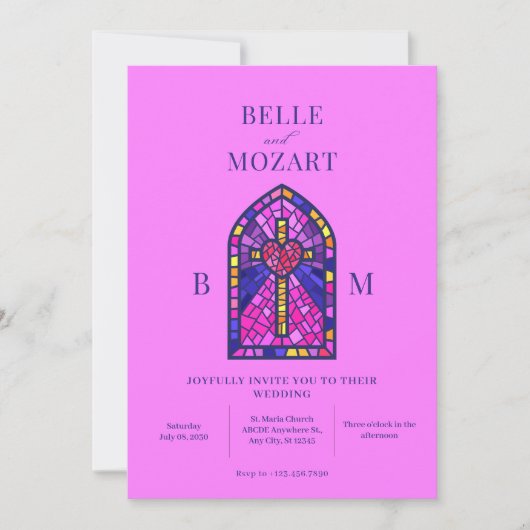 Cross hart gebrandschilderd glas kunst bruiloft ui kaart (Voorkant)