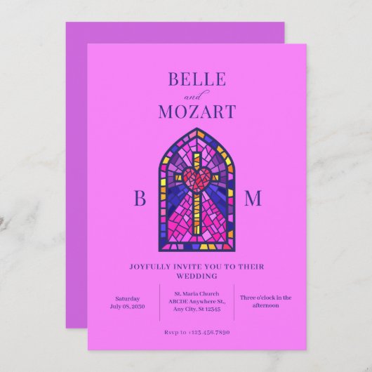 Cross hart gebrandschilderd glas kunst bruiloft ui kaart (Voorkant / Achterkant)