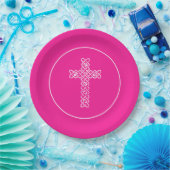 Cross Hot Pink Communion Baptisme Christening Papieren Bordje (Feest)