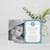 Cross in Circle Blue Boy Foto Baptisme Uitnodiging (Staand voorkant)