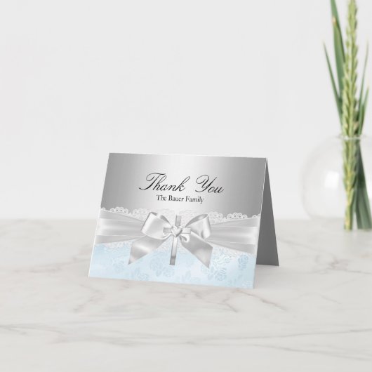 Cross & Lace Bow Blue Baptism Thank You Card Bedankkaart (Voorkant)