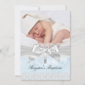 Cross Lace Bow Blue Photo Baptisme Invitation Kaart (Voorkant)