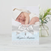 Cross Lace Bow Blue Photo Baptisme Invitation Kaart (Staand voorkant)