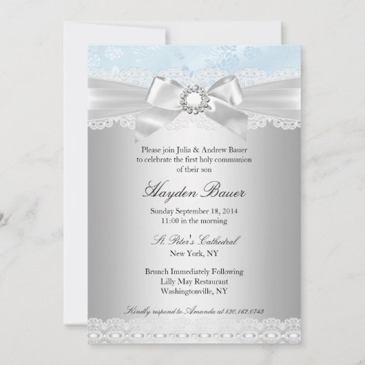 Cross Lace Bow Blue Photo Baptisme Invitation Kaart (Achterkant)