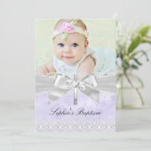 Cross Lace Bow Paars Photo Baptisme Invitation Kaart (Staand voorkant)