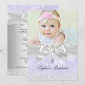 Cross Lace Bow Paars Photo Baptisme Invitation Kaart (Voorkant / Achterkant)