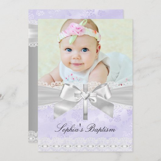 Cross Lace Bow Paars Photo Baptisme Invitation Kaart (Voorkant / Achterkant)