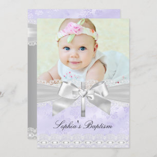 Cross Lace Bow Paars Photo Baptisme Invitation Kaart