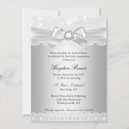 Cross & Lace Bow Silver Photo Baptism Invitation Kaart (Achterkant)