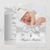Cross & Lace Bow Silver Photo Baptism Invitation Kaart (Voorkant / Achterkant)