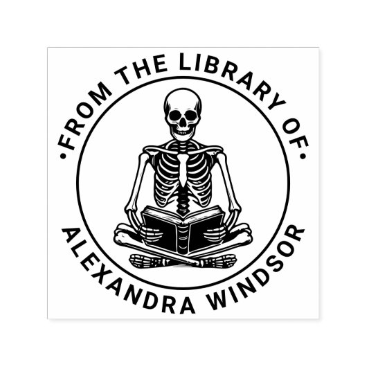 Cross Legged Skeleton Reading #3 Bibliotheek Boekn Zelfinktende Stempel (Design)