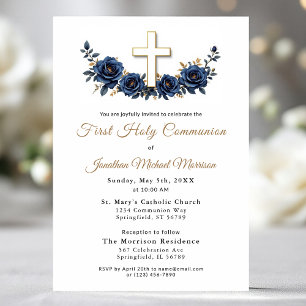 Cross Navy Blauw Goud Bloemen Eerste Communie Kaart