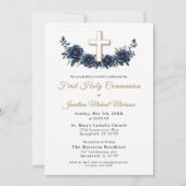 Cross Navy Blauw Goud Bloemen Eerste Communie Kaart (Voorkant)
