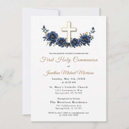 Cross Navy Blauw Goud Bloemen Eerste Communie Kaart (Voorkant)