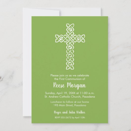 Cross on Green Baptism, Christening Invitations (Voorkant)