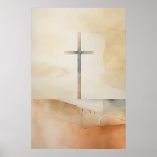 Cross On The Hill At Dusk Minimalist Watercolor Poster