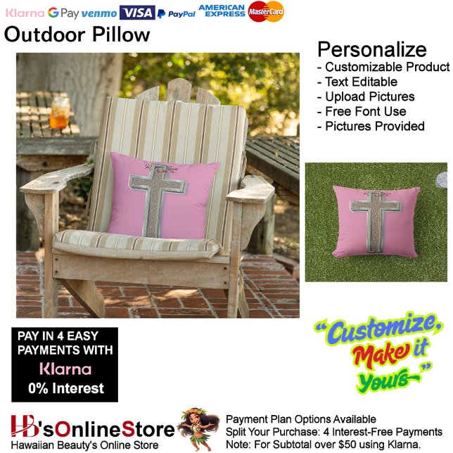 Cross Outdoor Kussen met Roze Achtergrond (Cross Outdoor Throw Pillow with Pink Background.)