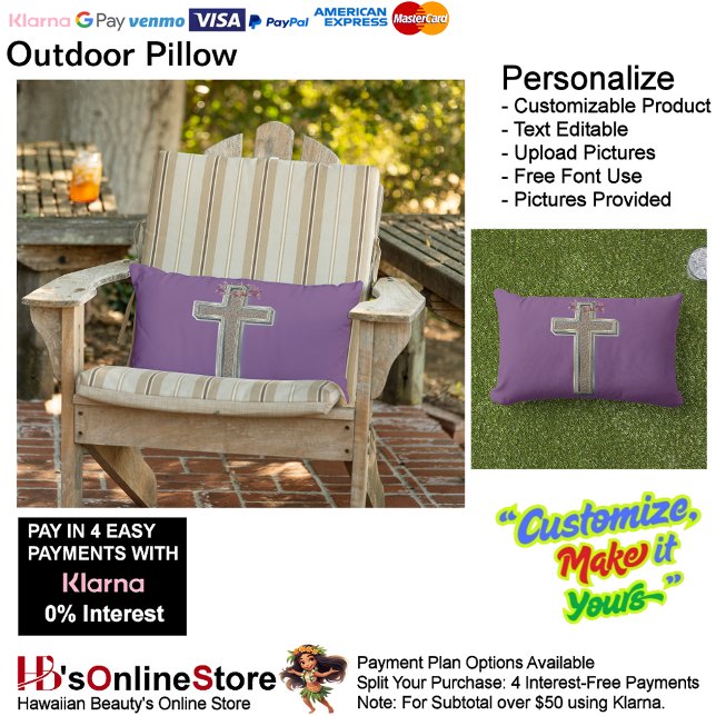 Cross Outdoor Pillow met Paarse achtergrond Buitenkussen (Cross Outdoor Throw Pillow with Purple Background.)