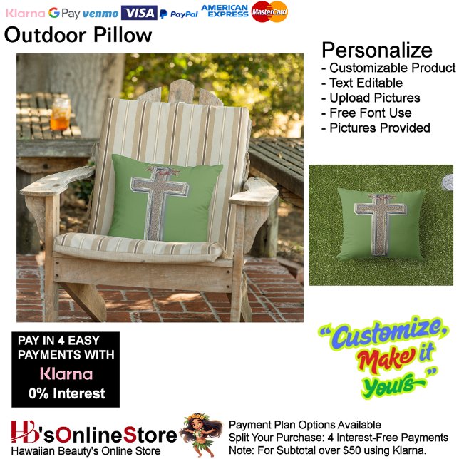 Cross Outdoor Sierkussen met groene achtergrond (Cross Outdoor Throw Pillow with Green Background.)