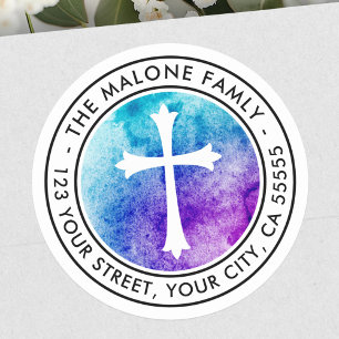 Cross-paarse blauwe waterverf retouradres ronde sticker