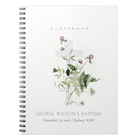 Cross-Paarse Wildbloem Floral Baptisme Guestbook Notitieboek (Voorkant)