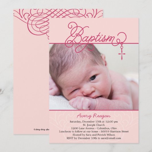 Cross Pendant Foto Doopsel Uitnodiging - Roze (Voorkant / Achterkant)