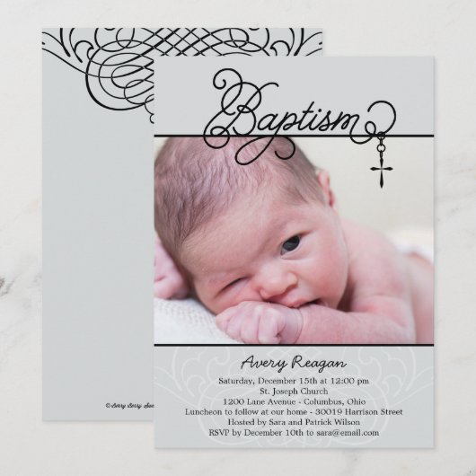 Cross Pendant Foto Doopsel Uitnodiging - Zwart (Voorkant / Achterkant)