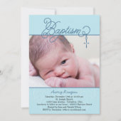 Cross Pendant Photo Baptism Invitation - Blue Kaart (Voorkant)