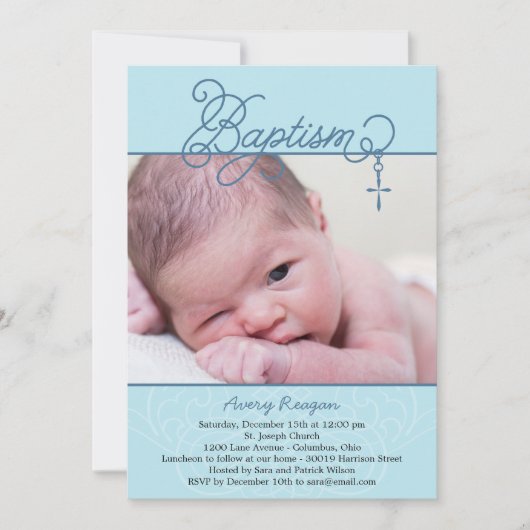 Cross Pendant Photo Baptism Invitation - Blue Kaart (Voorkant)