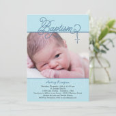 Cross Pendant Photo Baptism Invitation - Blue Kaart (Staand voorkant)
