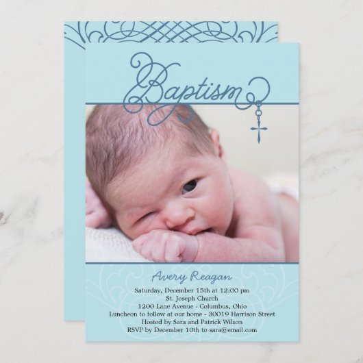 Cross Pendant Photo Baptism Invitation - Blue Kaart (Voorkant / Achterkant)