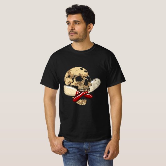 Cross Pins Bowling Retro Skull Skelet Head Hallo T-shirt (Voorkant volledig)
