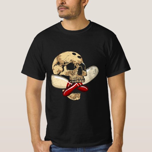 Cross Pins Bowling Retro Skull Skelet Head Hallo T-shirt (Voorkant)