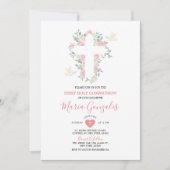 Cross Roze Bloemen Meisje Eerste Heilige Communie Kaart (Voorkant)