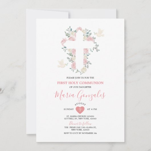 Cross Roze Bloemen Meisje Eerste Heilige Communie Kaart (Voorkant)