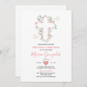 Cross Roze Bloemen Meisje Eerste Heilige Communie Kaart (Voorkant / Achterkant)