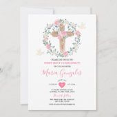Cross Roze Bloemen Meisje Eerste Heilige Communie Kaart (Voorkant)