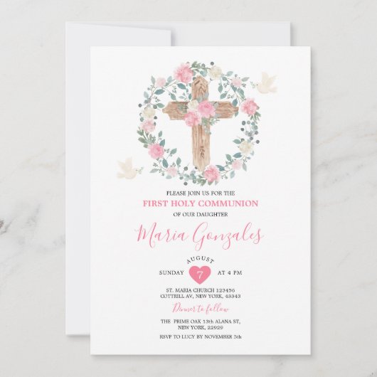 Cross Roze Bloemen Meisje Eerste Heilige Communie Kaart (Voorkant)