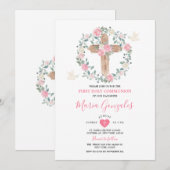 Cross Roze Bloemen Meisje Eerste Heilige Communie Kaart (Voorkant / Achterkant)