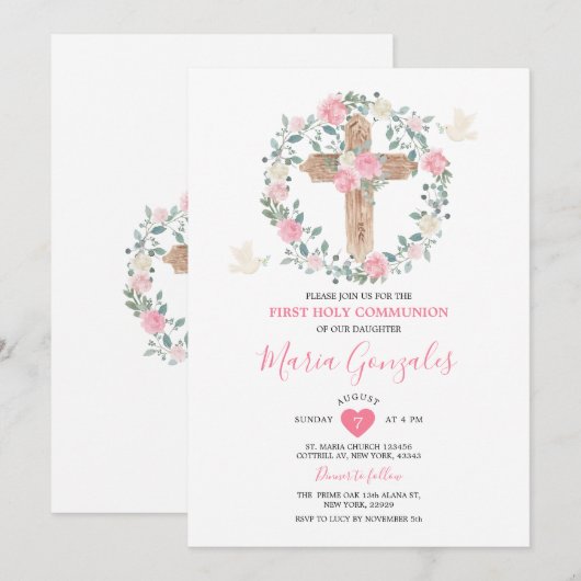 Cross Roze Bloemen Meisje Eerste Heilige Communie Kaart (Voorkant / Achterkant)