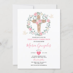 Cross Roze Bloemen Meisje Eerste Heilige Communie Kaart