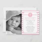 Cross-roze Stripes Girl Foto Baptisme Uitnodiging (Voorkant)
