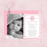 Cross-roze Stripes Girl Foto Baptisme Uitnodiging