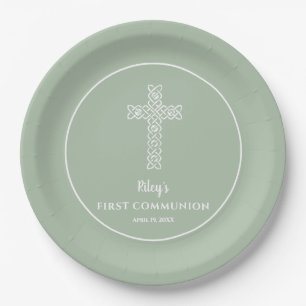 Cross Sage Green Commune Baptism Christening Papieren Bordje