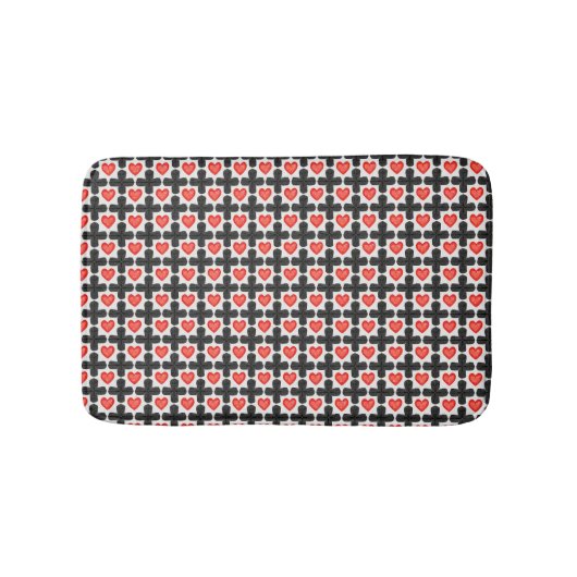 Cross Shaped Checkered Pattern with Red Hearts Badmat (Voorkant)